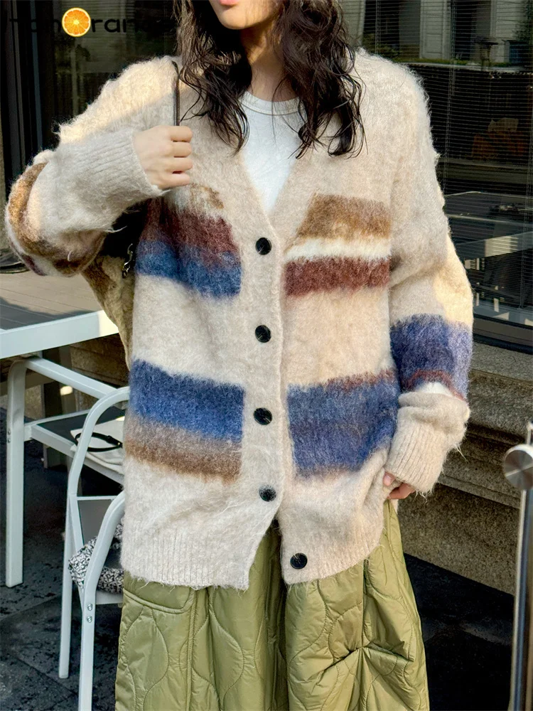 

HanOrange 2025 Winter Retro V-neck Striped Knitted Cardigan Women Single Breasted Soft Glutinous Sweater Dark Gray/Oat