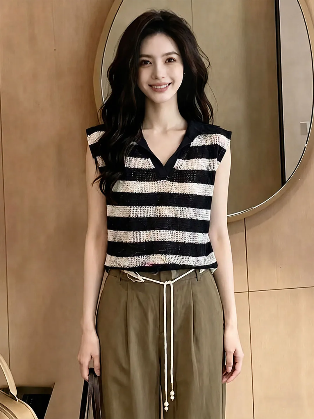 

Korean Style V-Neck Color Block Striped Knitwear Sleeveless Loose Summer Top Silk Material Straight Cut Commute Friendly