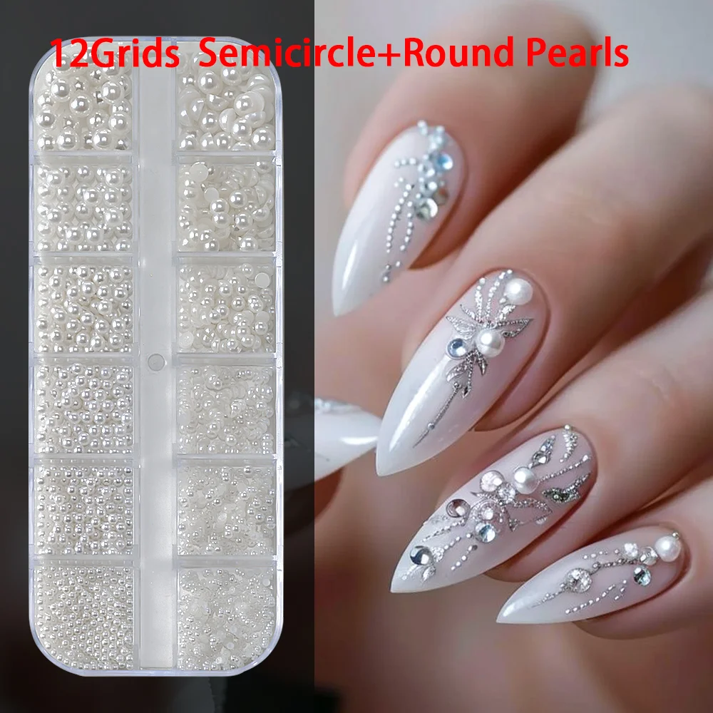 

12Grids 3D White Round/Semicircle Pearls Nail Art Charms 0.15-0.5cm Faltback Pearl Caviar Bead Rhinestone DIY Manicure Accessory