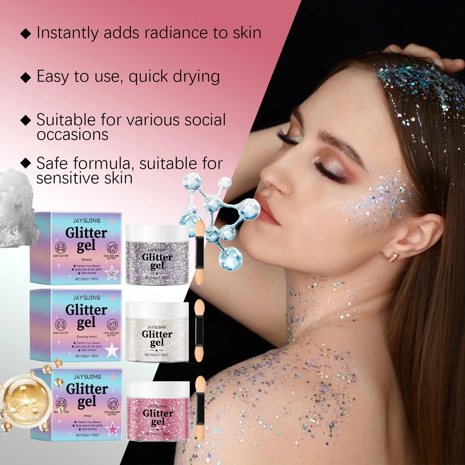 Gel con purpurina corporal, rosa, blanco, plateado, cara, pelo, uñas, brillo, sombra de ojos, lentejuelas brillantes, decoración de maquillaje para Festival de sirena