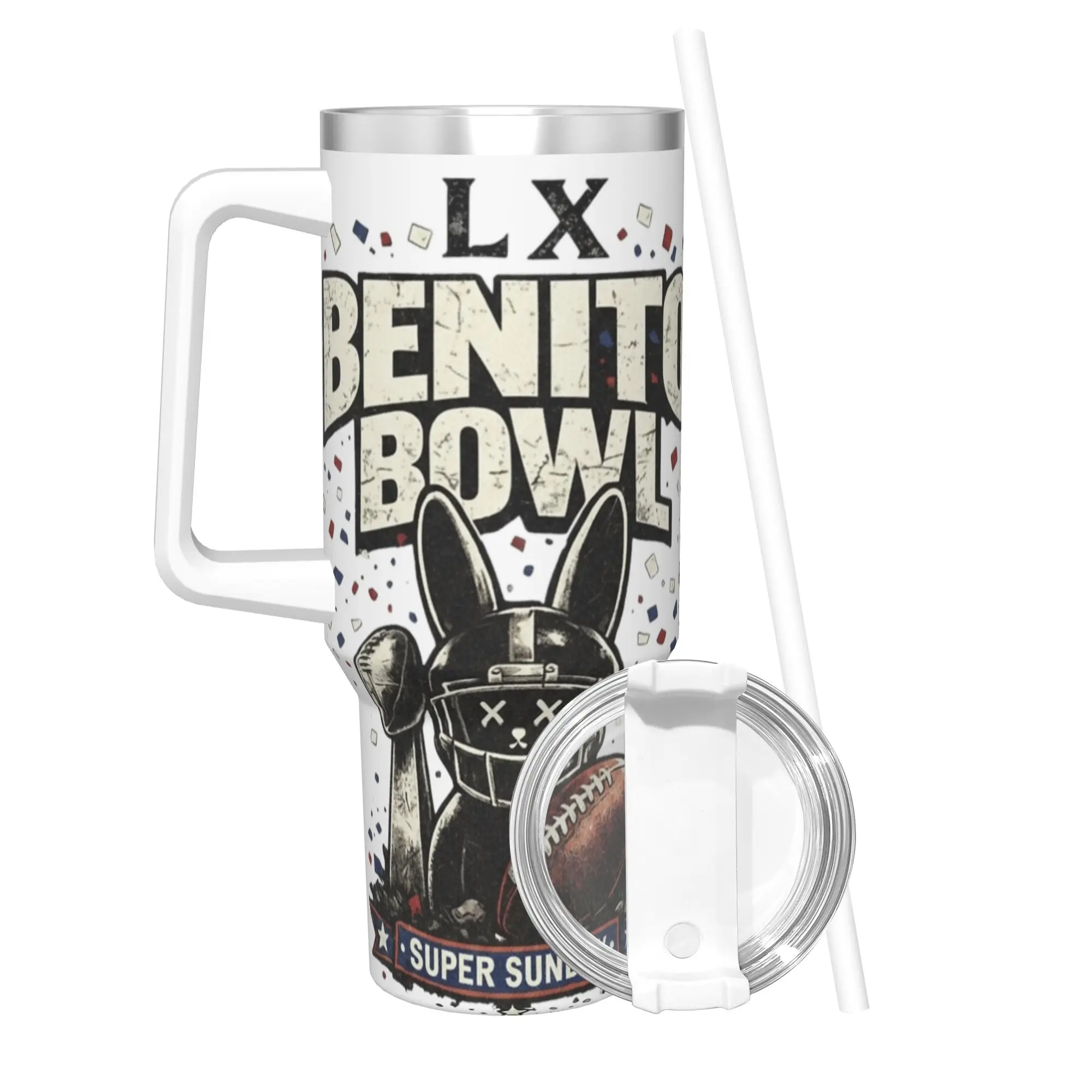 

Термокружка Benito Bowl 2026 Bad Bunny с крышкой, вакуумная кофейная кружка, портативная автомобильная бутылка для улицы, 40 унций