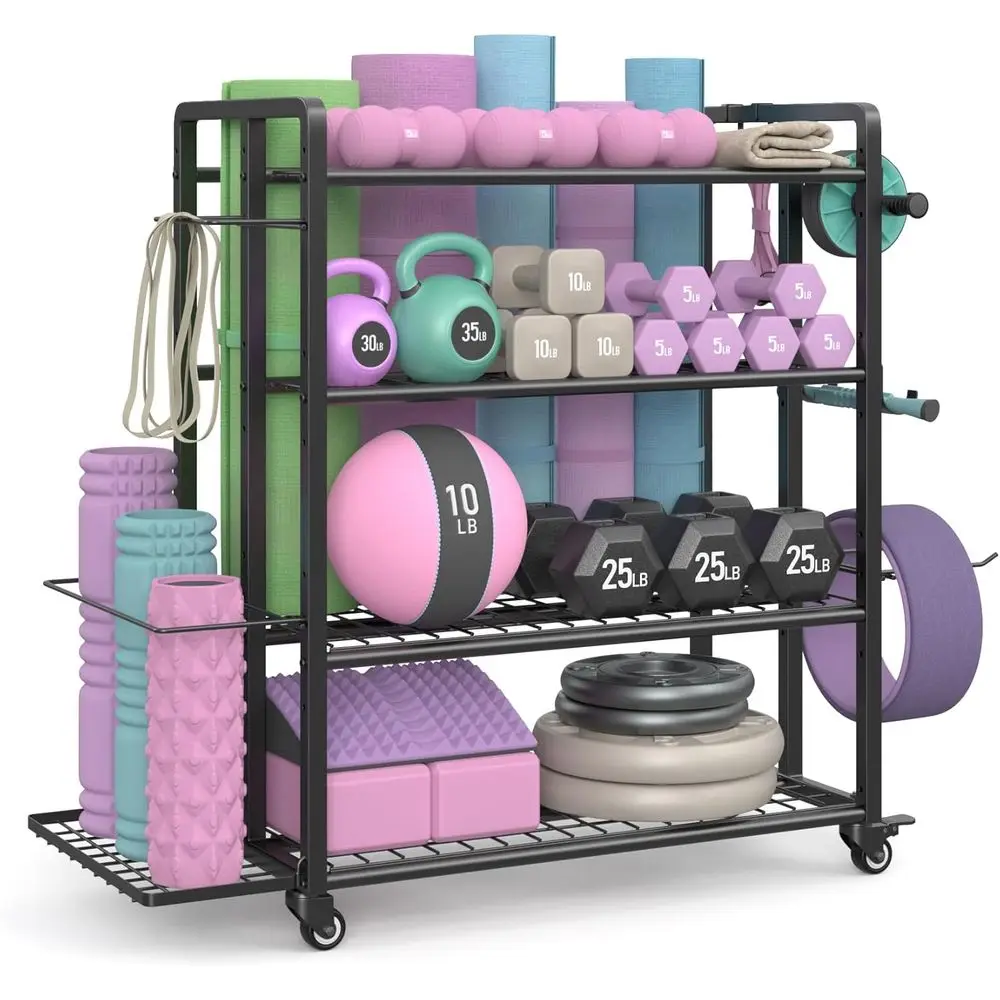 

4-Tier Adjustable Weight Rack for Dumbbells, Kettlebells, and Yoga Mats with Wheels and Hooks, Powder Coated Finish