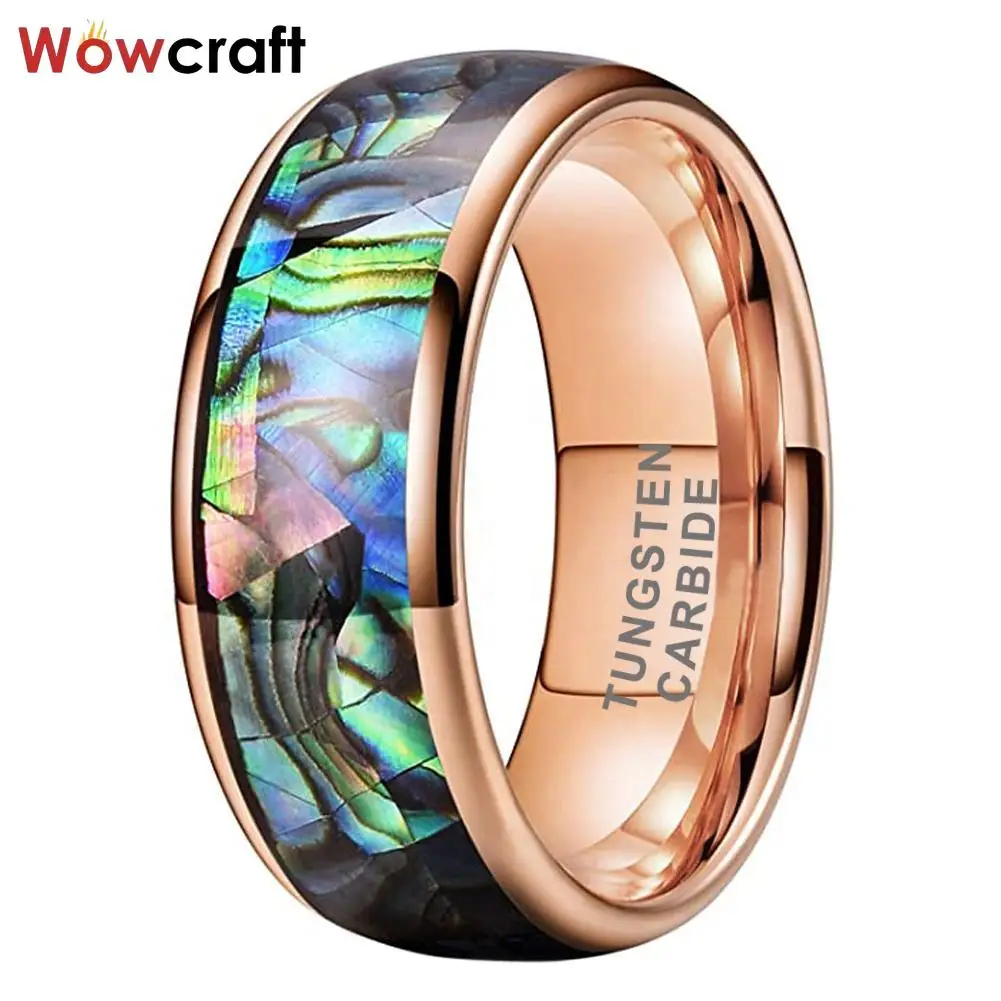 Rose Gold Tungsten Ring for Men Women Wedding Band Abalone Shell Inlay Polished Shiny Domed Comfort Fit