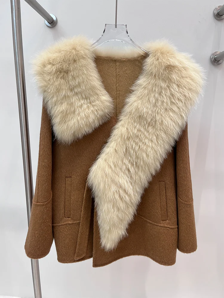 2025 frauen Winter Warme Natürliche Echt Fox Pelz Kragen Woolen Jacke Weibliche Luxus Damen Jacken Streetwear