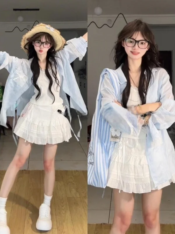 

Winter Blue Long Sve irt Jaet Women's Thin Design Sensation Small Outerwear Sunscreen Top Knot Collar