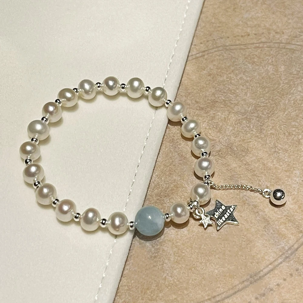 925 Silver Star Pearl Elastic Bracelet with Natural Aquamarine and Real Freshwater Pearls for Girls Easy to Wear Length 17cm