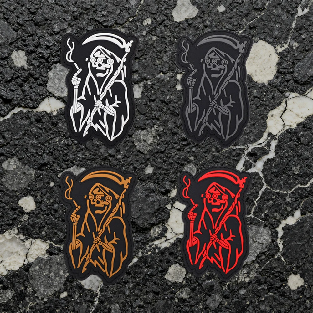 Luminous PVC armband with a scythe-wielding skull alien design, comes with matching hook-and-loop accessories, suitable for casual jackets, personal accessories, and DIY decorative patches