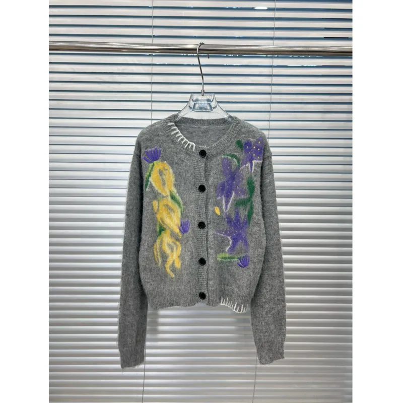 [ZOCI] Autumn Winter New Plant Flower Jacquard Round Neck Single Breasted Cardigan Reducing Age Slimming,