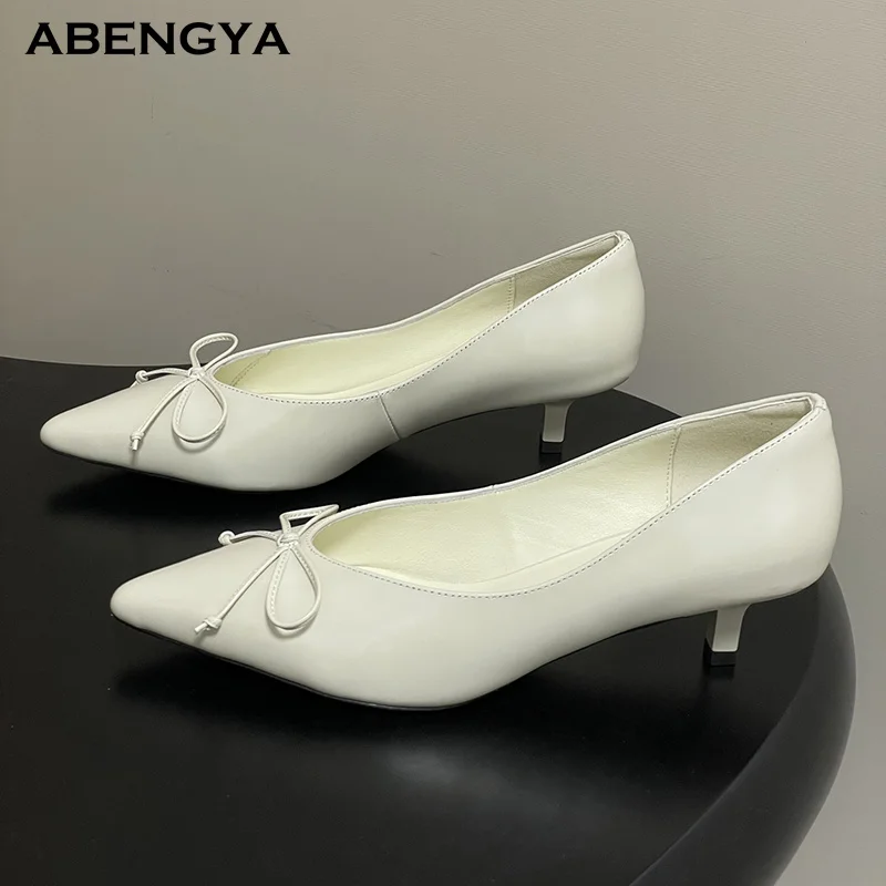 2025 Hot Sale White Leather High Heels Shoes Woman Pointy Toe Bow Knot Dress Shoes Autumn Sexy Party Banquet Bridal Shoes Women
