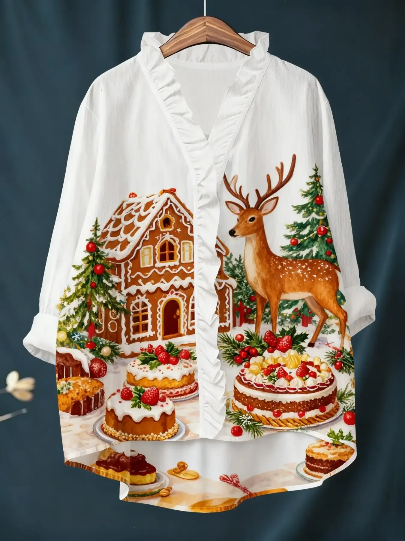 New women's Christmas digital printed long sleeved shirt with ruffled collar, loose fit, versatile and practical to wear