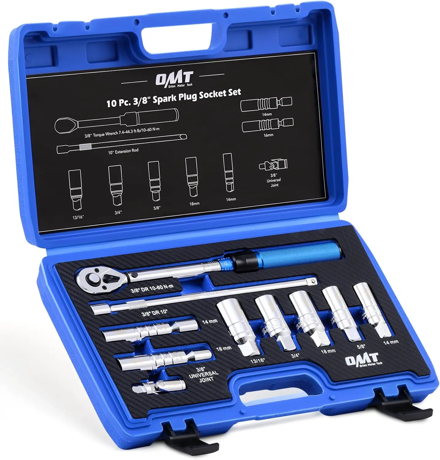 

10pc 3/8" Drive Spark Plug Socket Set with Torque Wrench, Magnetic Sockets & Extensions