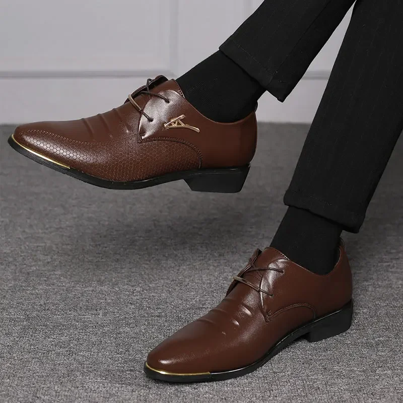 Spring Men Leather Shoes Lace-up Pointed Loafers Oxford Shoes for Men Formal Men Dress Large Size Anti-slip Wear-Resistant Shoes image 3