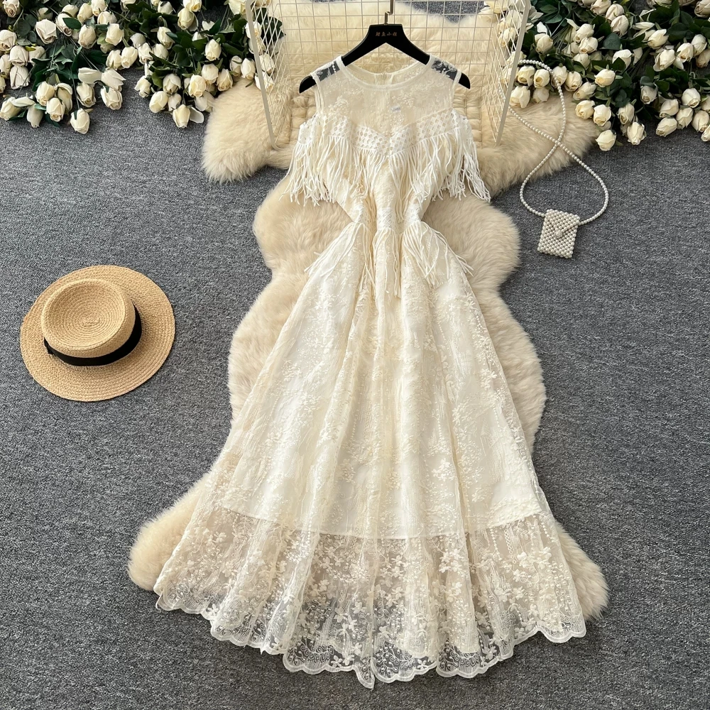 

Lace Embroidered Flowers Dress Woman O-Neck Sleeveless Solid Color Long Dresses Hollow Out Tassel Elegant Fashion Women's Robe