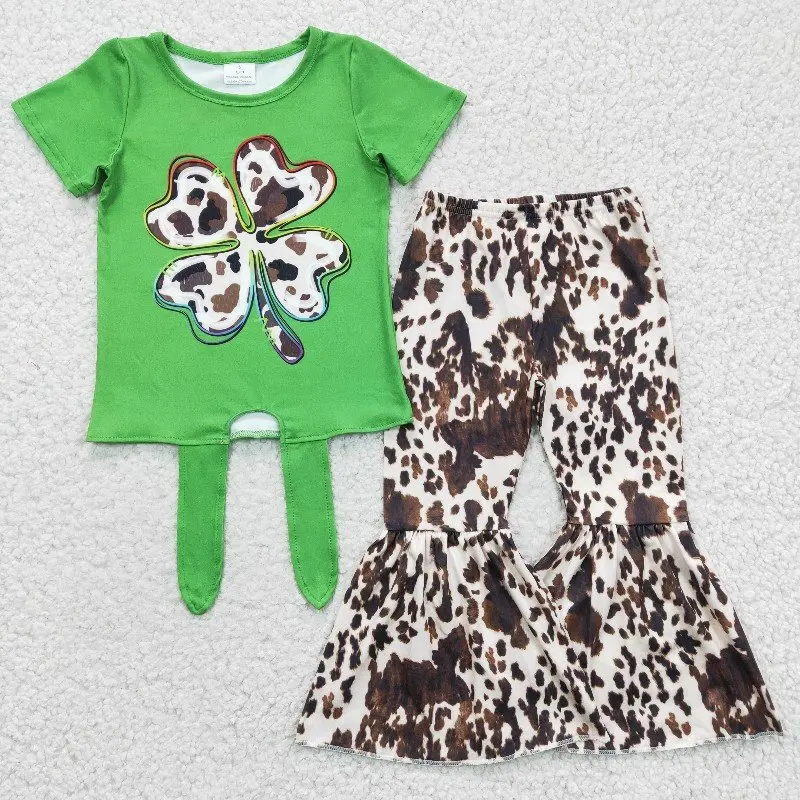 St. Patrick's Day baby girls outfits latest rts wholesale boutique four leaf clover pattern leopard print pants girls clothing