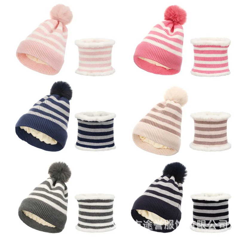 Dicken Winter Baby Mädchen Hut Schal Set Warme Gestreiften Kinder Pompom Hut Schal Gestrickte Baumwolle Großhandel Winter Hut Für Kinder