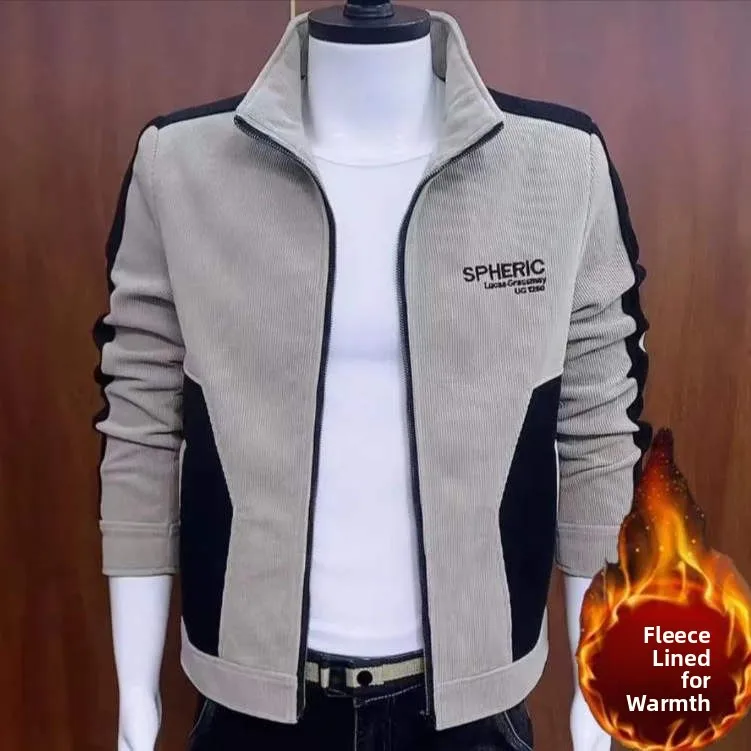 

Men's Corduroy Jaet Spring Autumn Casual Stand Collar Slim Fit Top Youth Faion Long Sve Zipper Closure Color