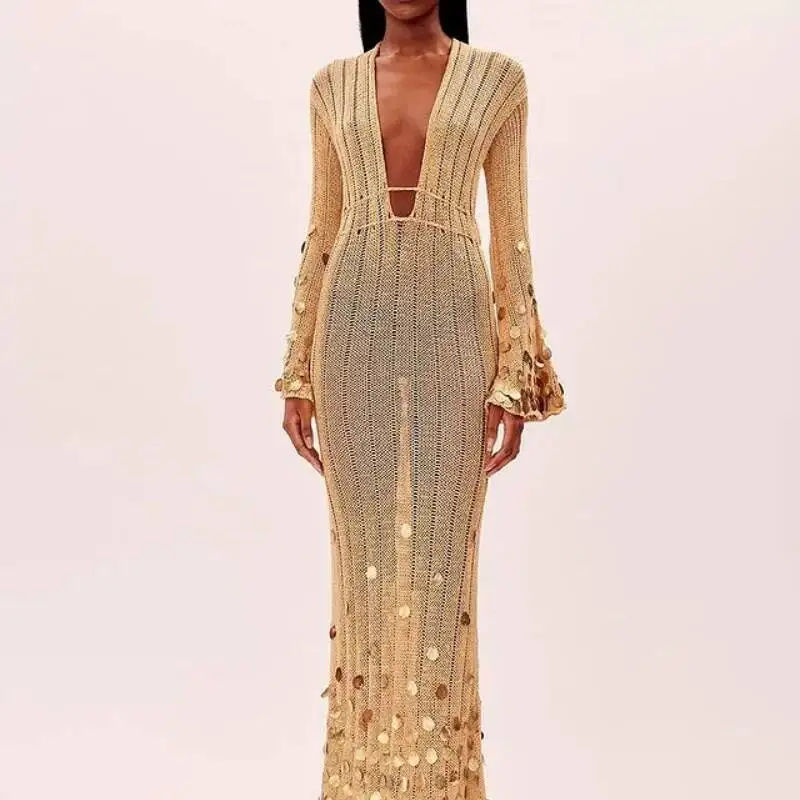 

Shinny Sequin Knitted Maxi Dress Deep Neck Lace Up High Waist Long Robes See Though Party Club Dresses 2026 New Lady Clothing