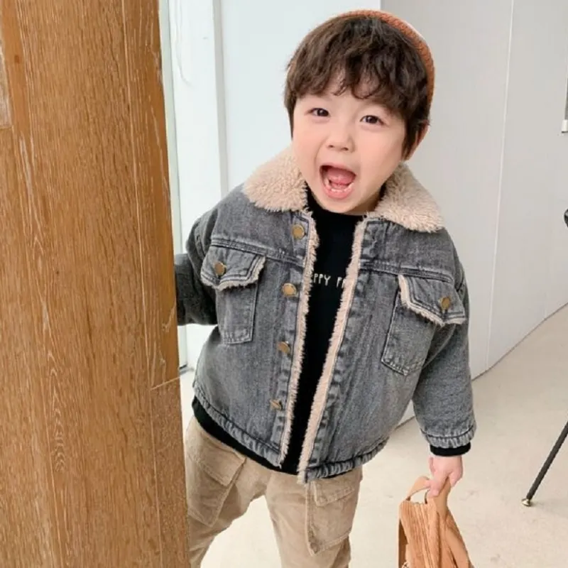 Fashion Baby Girl Boy Thick Fleece Jean Jacket Infant Toddler Denim Coat Warm Spring Autumn Winter Outfit Baby Clothes 1-7Y