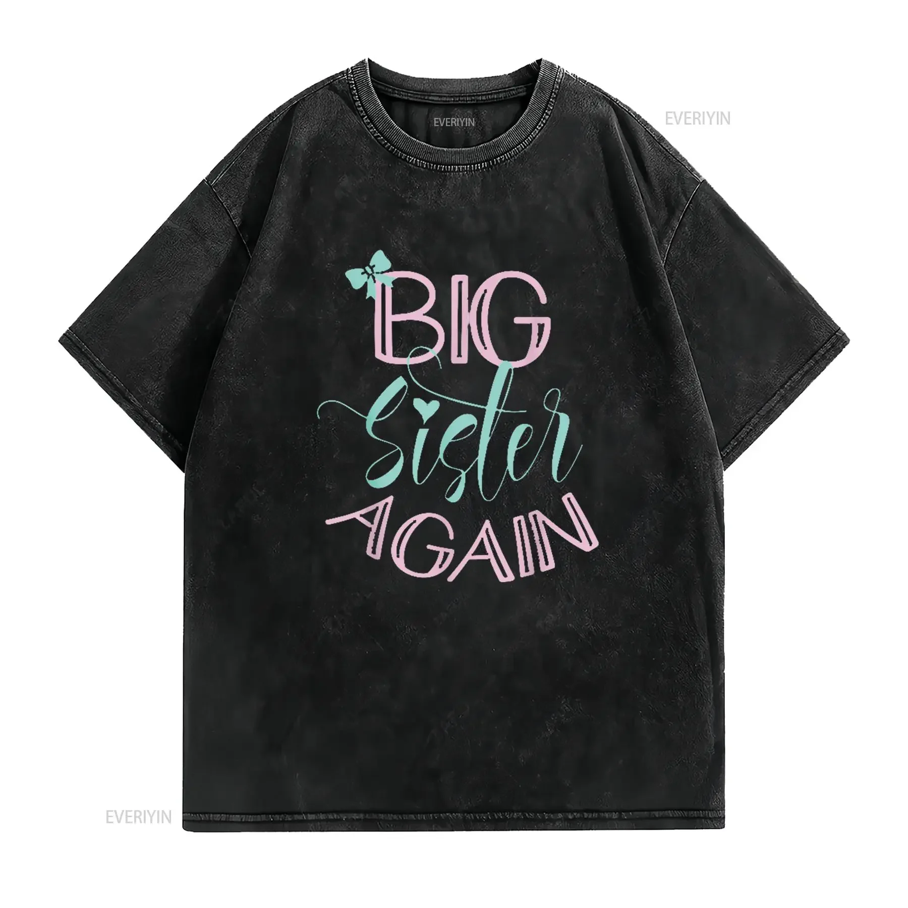 Big Sister Again Bow Heart Sibling Announcement Oldest Sis T Shirt Black X Large vintage Washed Casual Stylish Soft Unisex