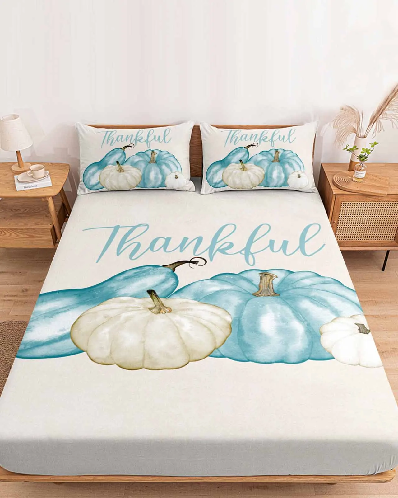 

Autumn Thanksgiving Blue Green Pumpkin Polyester Fitted Sheet Mattress Cover Four Corners Elastic Band Bed Sheet Pilllowcase