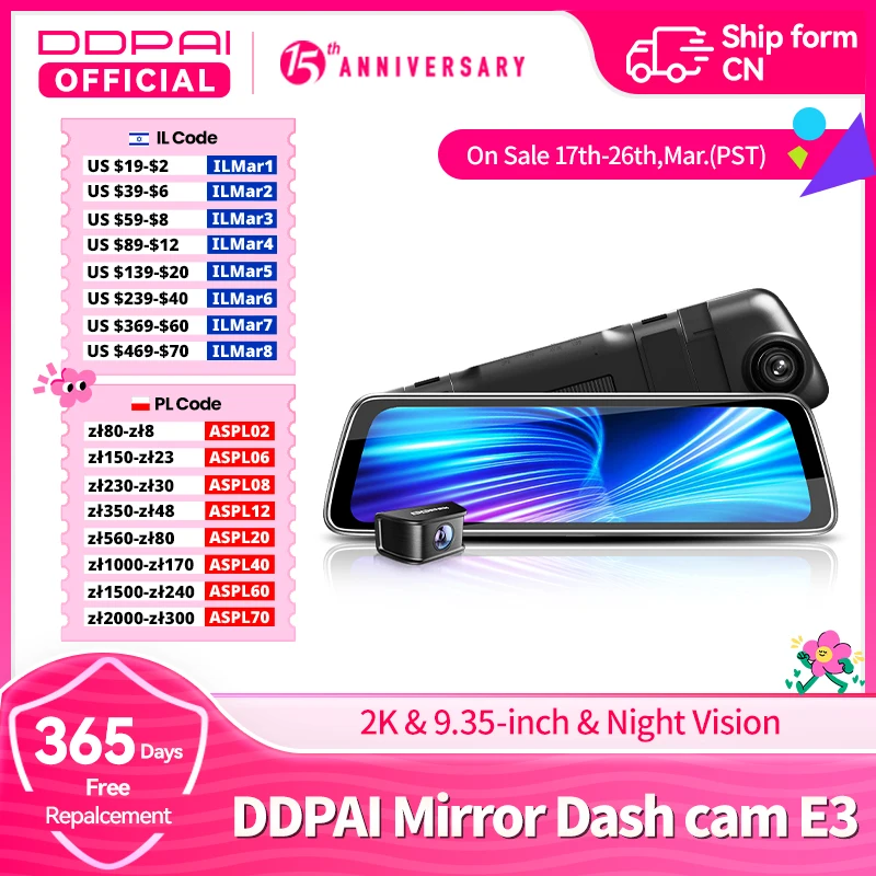 DDPAI Mola E3 9.35'' rearview camera Mirror Dashcam 2K Car Dash Camera Front and Rear Dual-Channel HDR Voice Control 24H Park