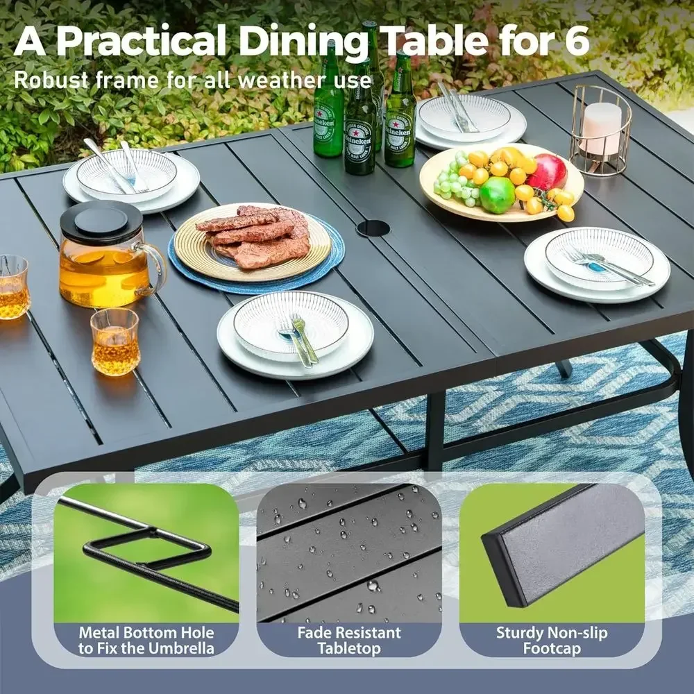 6-Piece Outdoor Dining Set with Blue Metal Table and Chairs, Including Umbrella Hole for Patio, Lawn, or Deck