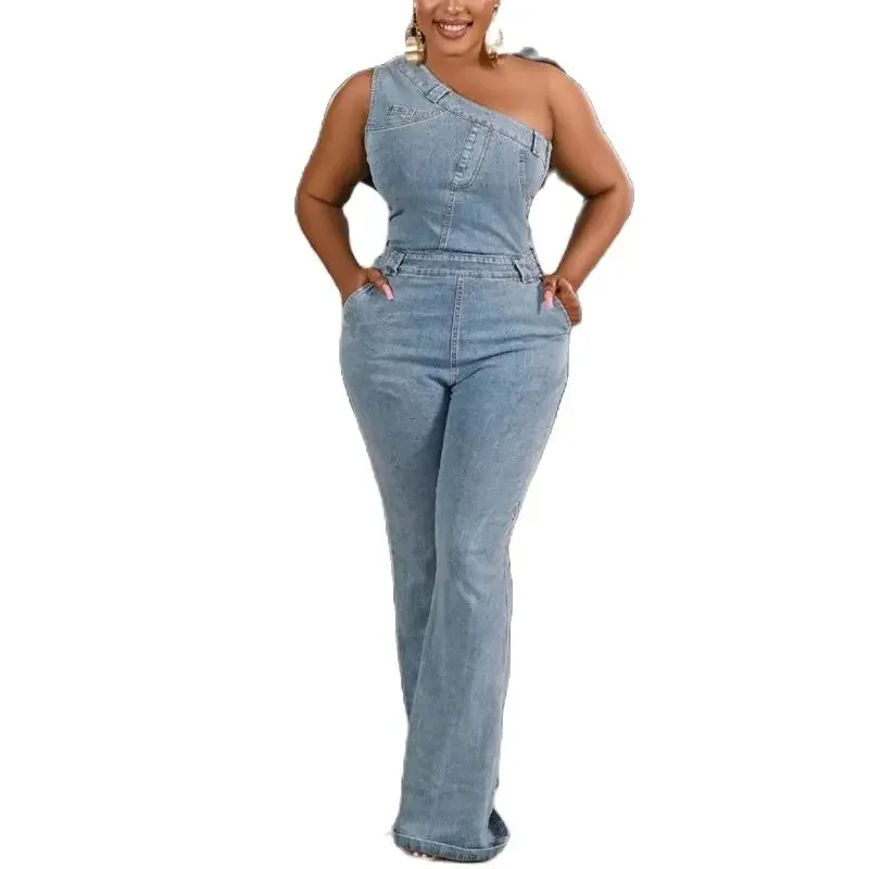 

Women Slant Neck One Shoulder Jumpsuit Micro Flare Jeans Fashion Slim Commuter Casual One-piece Pants Female Washable Rompers 24