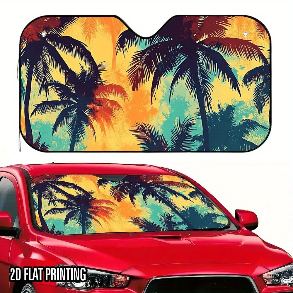 

1pc White Car Sunshade With Color-Changing Palm Tree & Coconut Leaf Design - UV, Heat-Reducing Foldable Canopy, 4 Suction Cups F