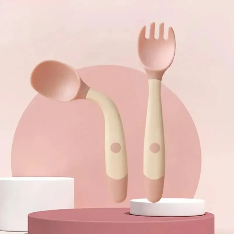 

Baby and Children's Spoon and Fork Set Soft and Bendable Silicone Spoon and Fork Baby Learning Eating Training Tableware