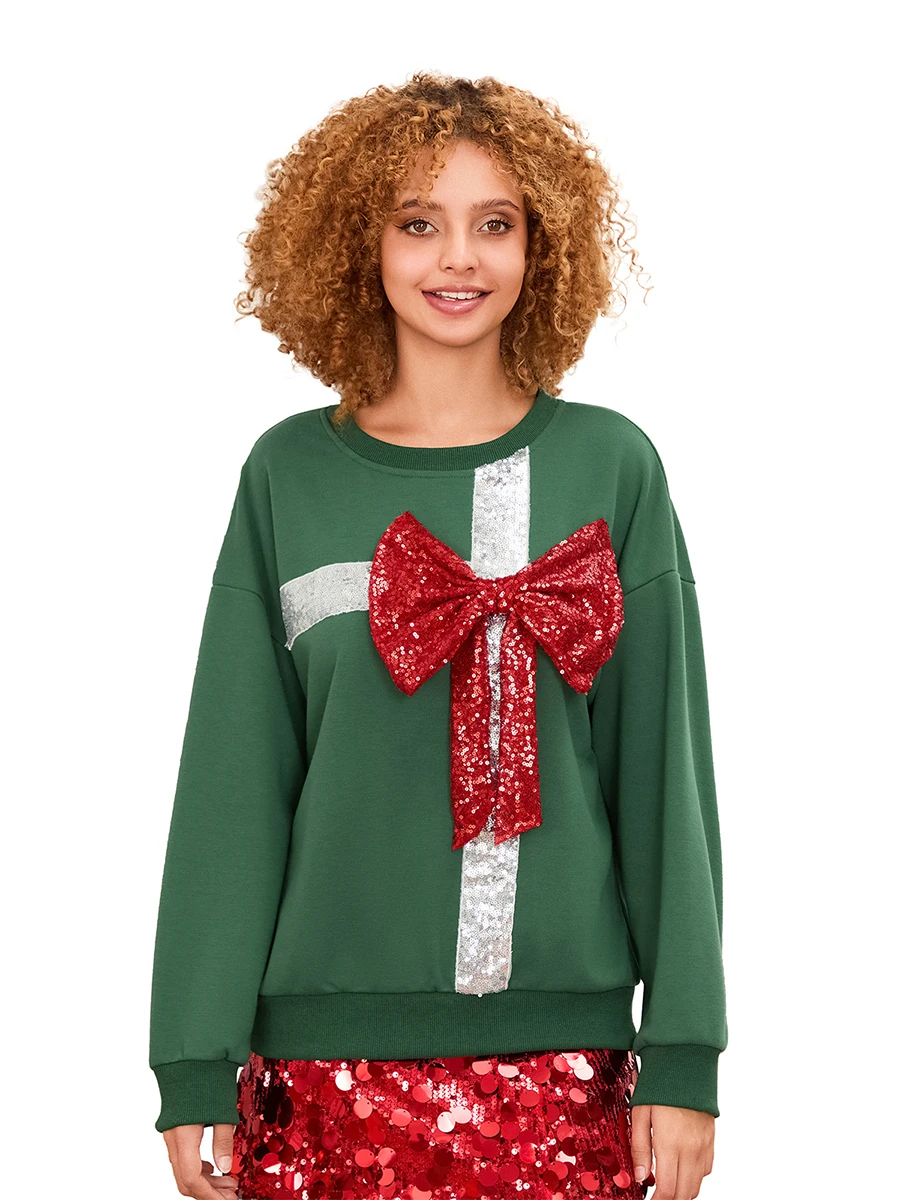 Женская рождественская повседневная толстовка с длинным рукавом и круглым вырезом, пуловер с бантом и блестками
