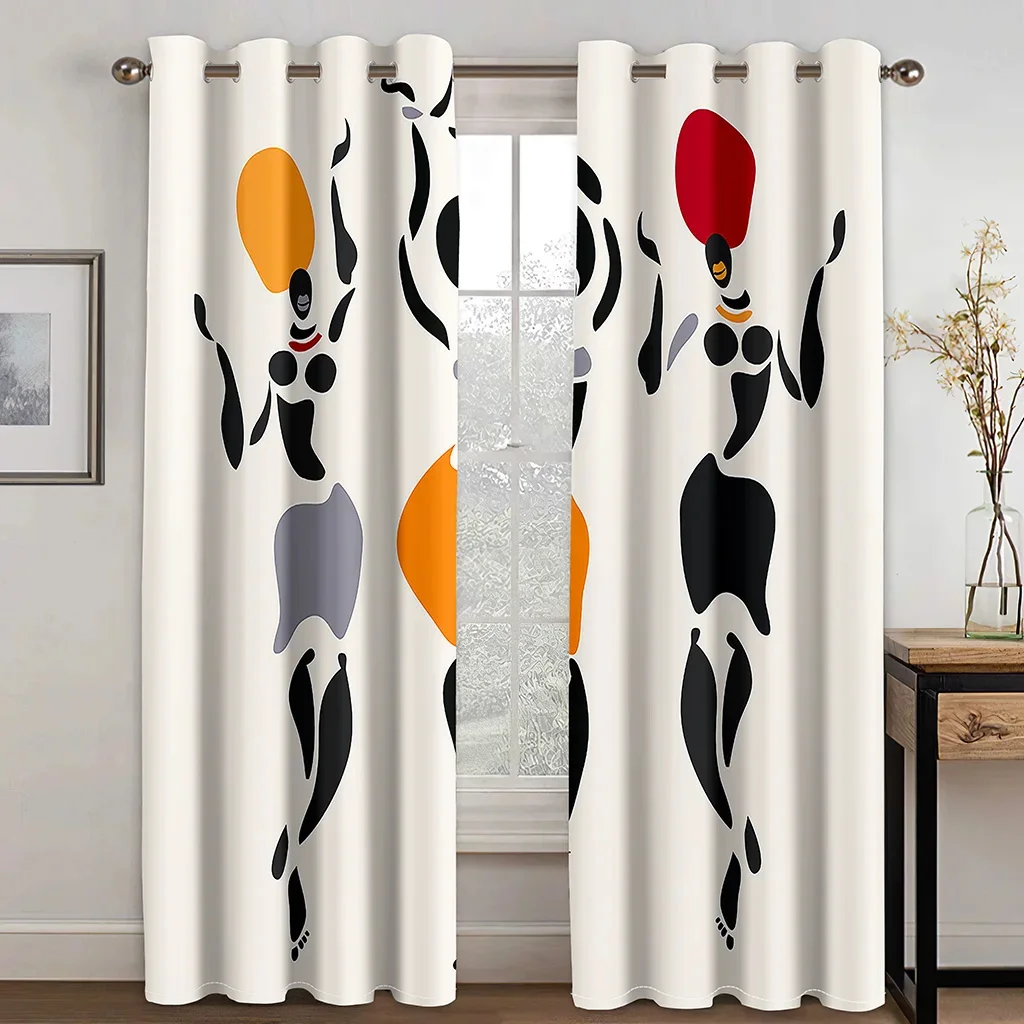 

3D Simple African Women Abstract Art 2 Pieces Thin Shading Polyester Darkening Curtain for Living Room Bedroom Decor Hooks