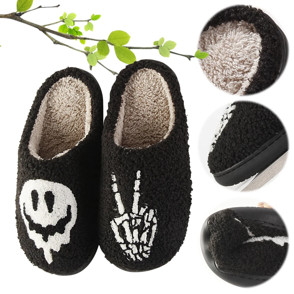 Halloween Skeleton Finger Slippers Plush Closed Toe Slippers Comfortable Furry Skull Finger Slippers Non-Slip for Men Women