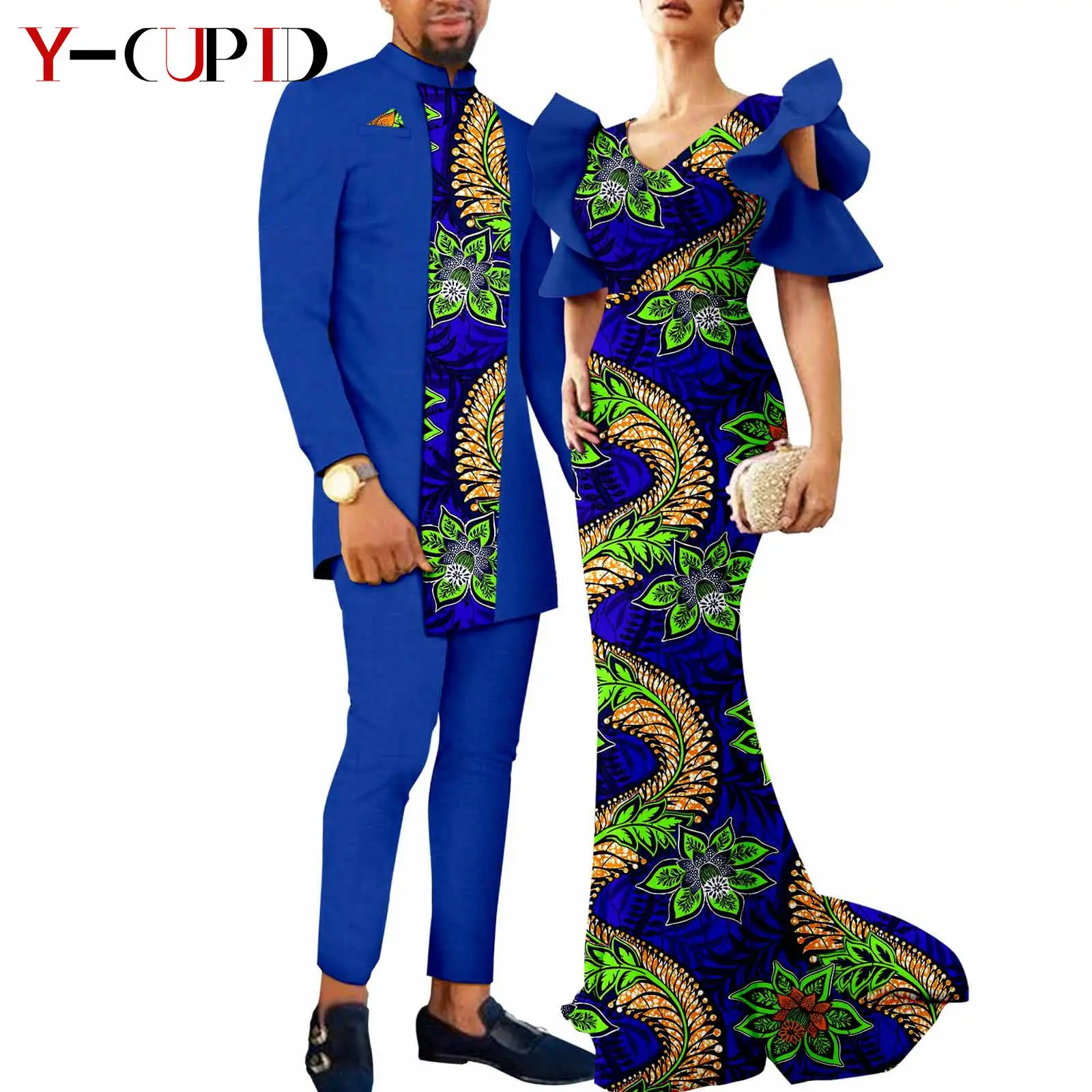 Vestidos africanos a juego para hombre y mujer, chaquetas Dashiki, abrigos y pantalones, conjuntos Bazin Riche, ropa estampada para pareja Y23C018