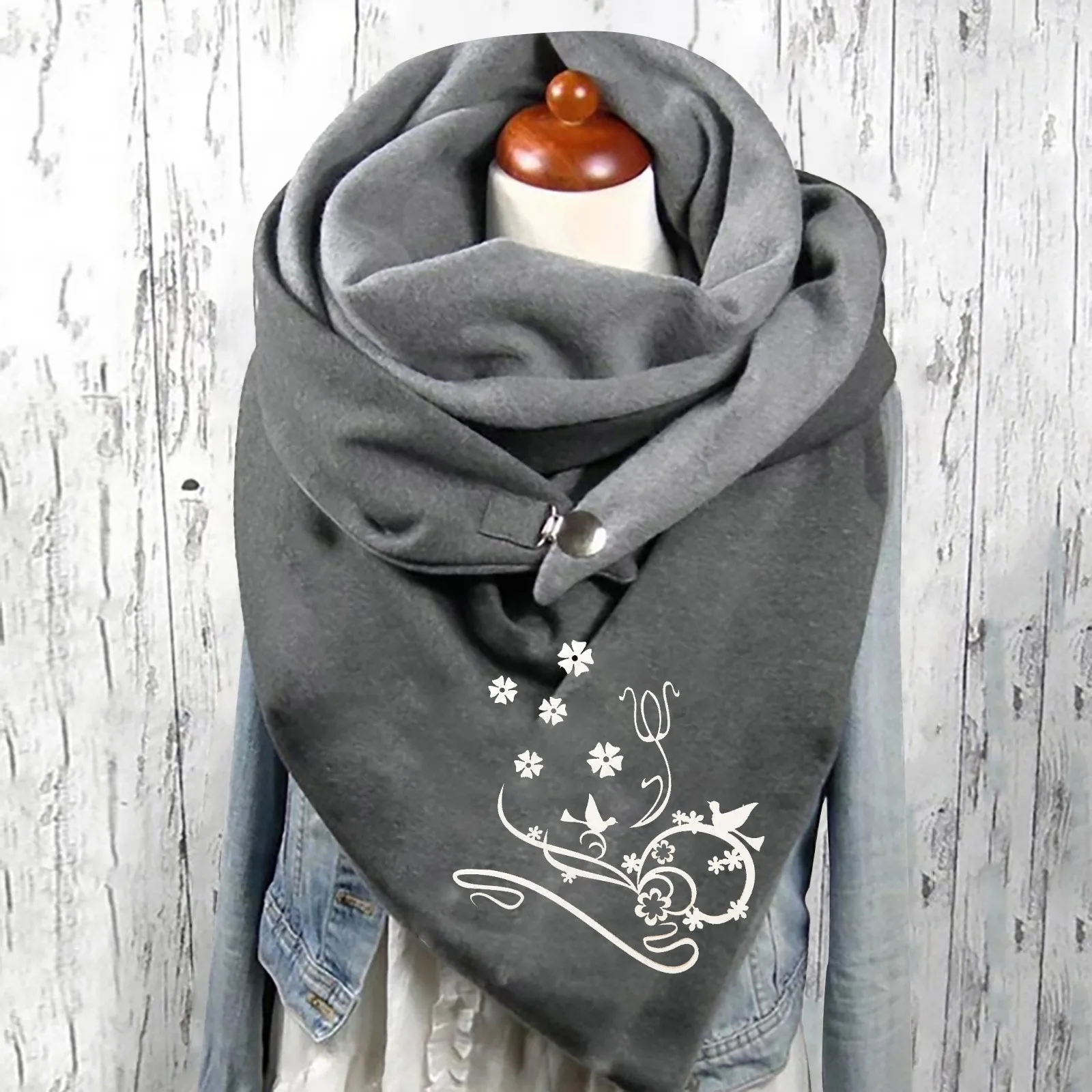 Women's Bohemian Retro Style Printings Triangle Scarf Winter Warm Short Scarves Button Soft Comfortable Ladies Wrap Shawls