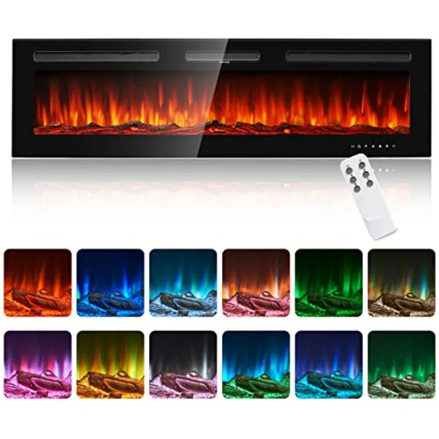 Chimenea eléctrica empotrable y montada en la pared de 60 pulgadas de ancho para sala de estar o dormitorio moderna, salida de calefacción de 750W y 1500W con doble