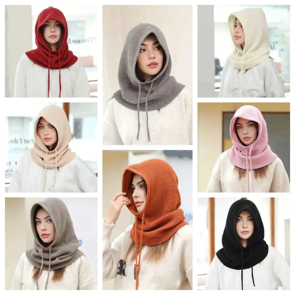 Fashion Solid Color Drawstring Balaclavas Hat Soft Earmuff Pullover Cap Warm Windproof Winter Neckerchief Riding