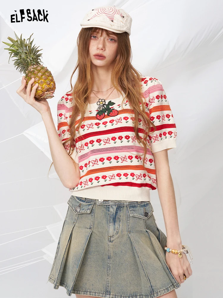 Sweet Style Short Sleeve Knitted Top Women's Summer Ice Silk Strawberry Embroidery Fashion Casual Sweetness Elf Sack Brand