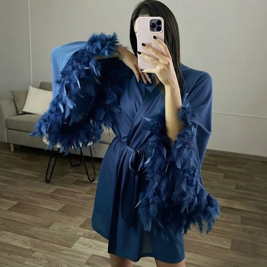 Women Elegant Feather Cuff Satin Robe Belted V-Neck Short Bathrobe Imitation Silk Long Sleeve Sleepwear Bridal Morning Home Gown