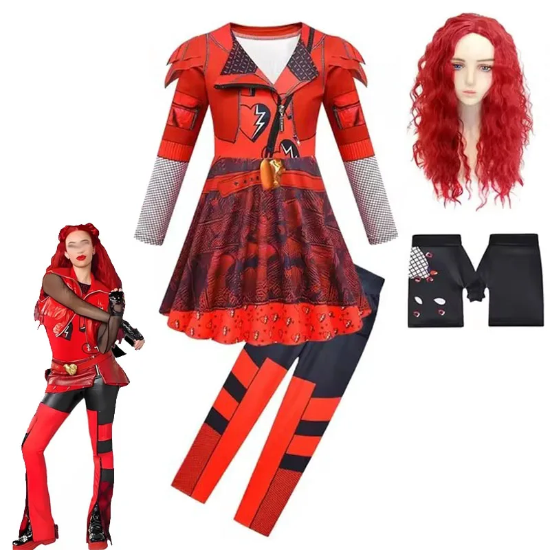 Girls Descendants Red Cosplay Costume The Rise of Red Costume for Kid Child Halloween Clothes Wig Birthday Party Fancy Dress