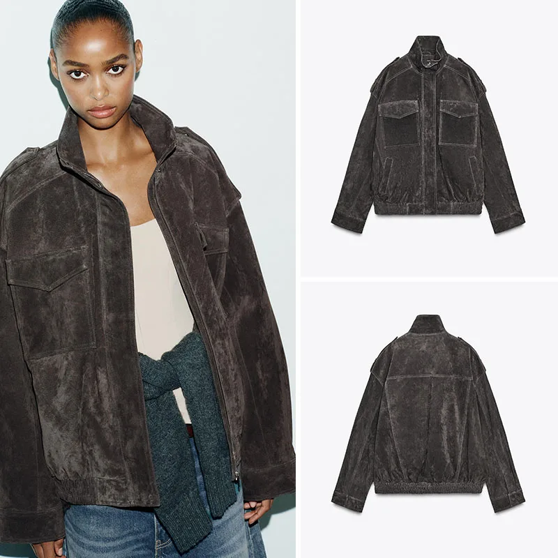 

New Arrival Autumn Women's Casual Leather Jacket with Pockets Faux Velvet Surface Standard Fit Short Outerwear for Ladies