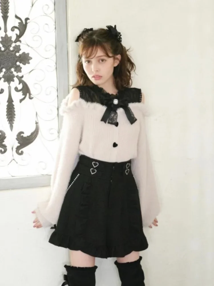 Sweet Lolita Winter Clothes Women Off Shoulder Sweaters Female Student Elegant Long Sleeve Knitwear Bow Lace Waist Slim Sweater