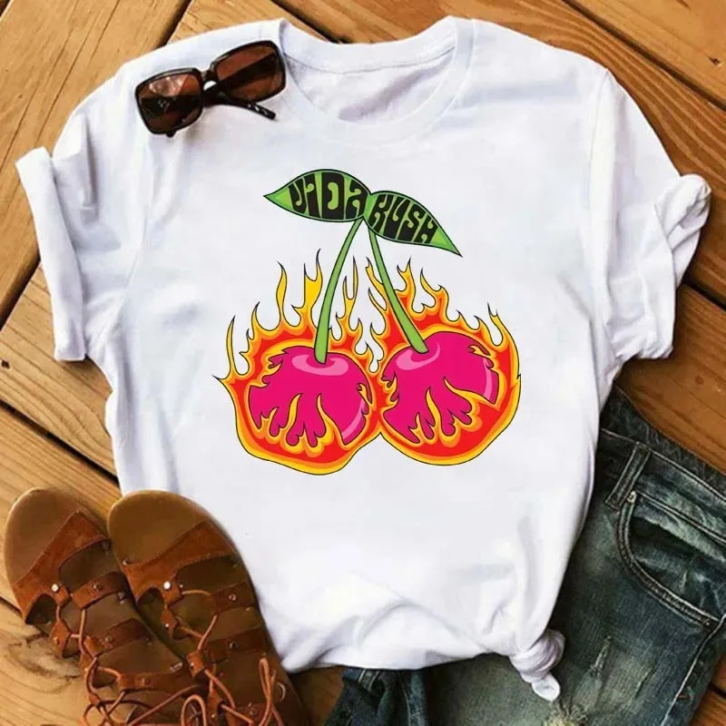 Cherry ice cubes Fruit Graphic hot sale Summer Fashion Cartoon streetwear Print Women Short Sleeve Casual Tops Tees