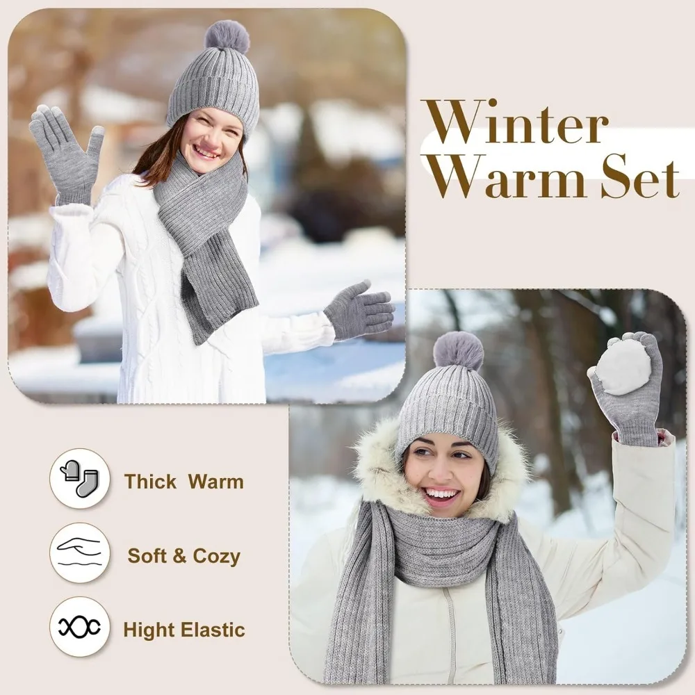 6 قطعة مجموعة الشتاء الدافئة للنساء قبعات حريمي دافئة قفازات لمس وشاح طويل الأذن يفشل الجوارب هدايا الشتاء للنساء