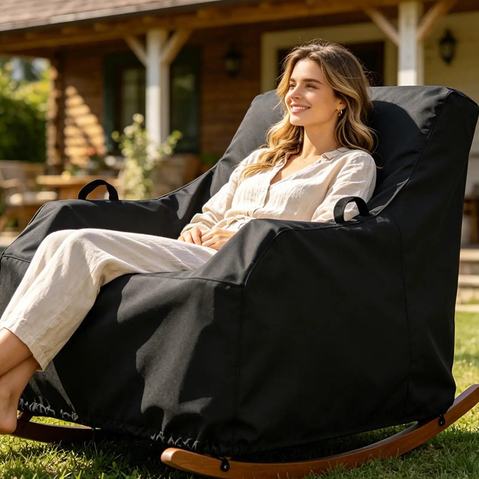 Patio Rocking Chair Cover Waterproof Dust-Proof Guard Rocking Chair Cover With Bottom Drawstring For Porch Beach House Urban