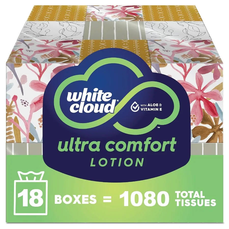 White Cloud Ultra Comfort Lotion 3Ply Facial Tissue with Aloe Vitamin E 18 Box Multipack 60 Tissues Per Box for Daily Use Soft