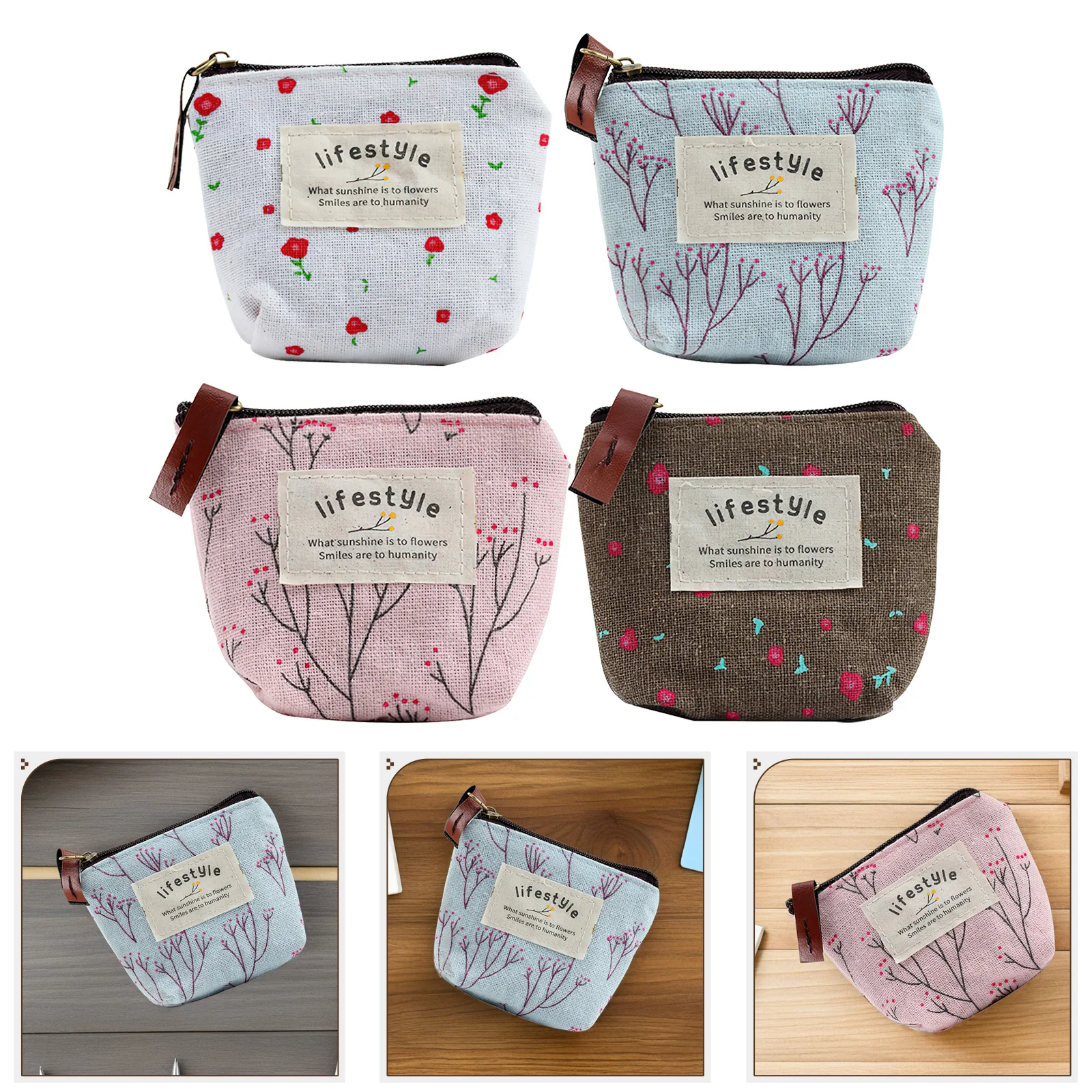 

4Pcs Canvas Coin Purse Change Pouch Lightweight Zipper Mini Wallet Set with Adorable Cartoon Prints for Women