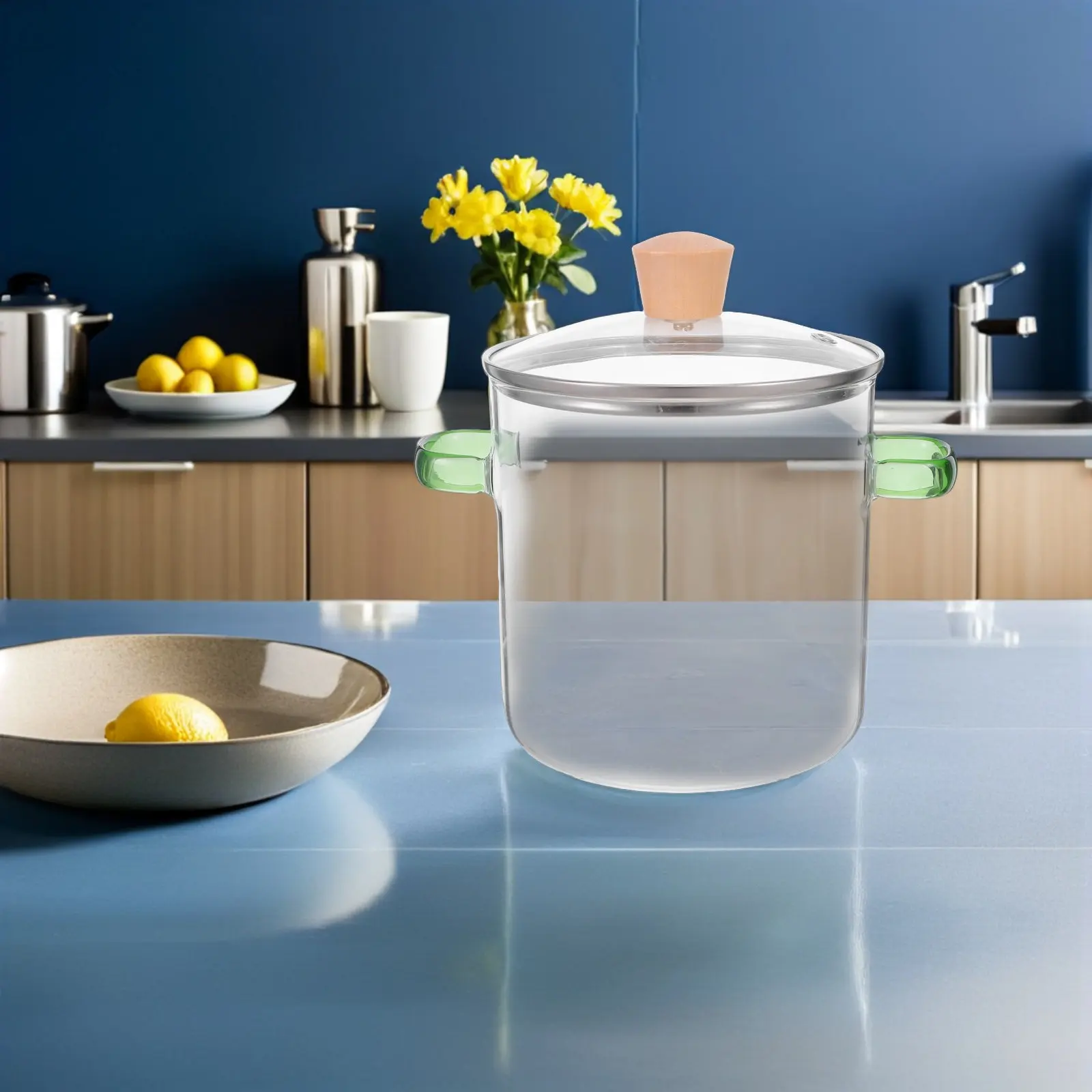 2300Ml Heat Resistant Clear Glass Simmer Pot with Double Handles and Lid for Stovetop Soup Ramen Porridge Noodles Cooking Glass