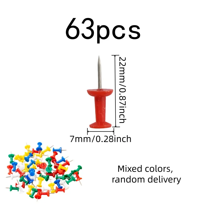 63 pcs Assorted Thumb Tacks, Sturdy Bent Resistant and Colorful Assorted Colors, ideal for Office Bulletin Board