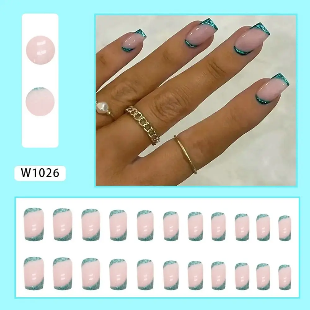 Mode Lange Vierkante Kunstnagels Glitter Paars Groen Volledige Dekking Druk op Nagels Franse Golvende Afneembare Nageltips Dames Meisjes