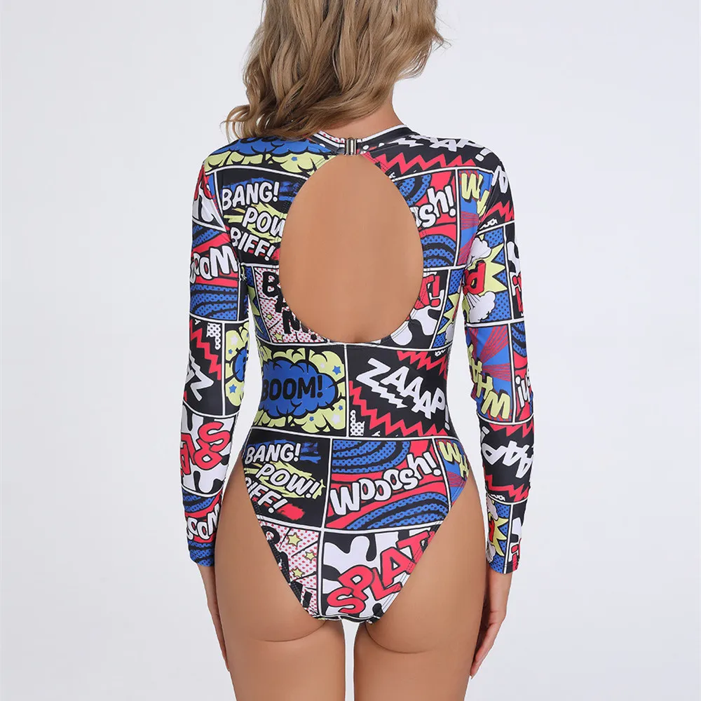 Backless Long Sleeves Swimwear 2023 New Sexy Abstract Print One Piece Swimsuit Bikini Closed Women Surfing Bathing Suit Beach